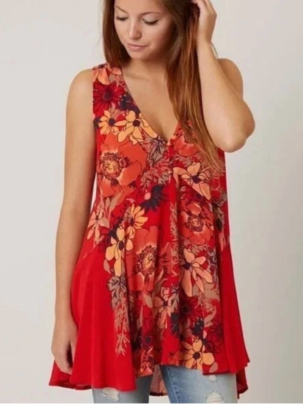 Free People Anthropologie Red Orange Floral V-Neck Blouse top tank size medium M